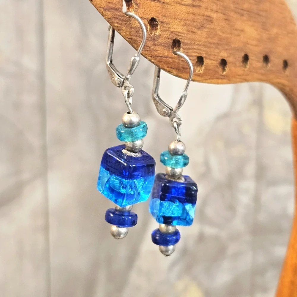Glass Turquoise & Teal Beads Sterling Silver Dangle Lever Back Earrings